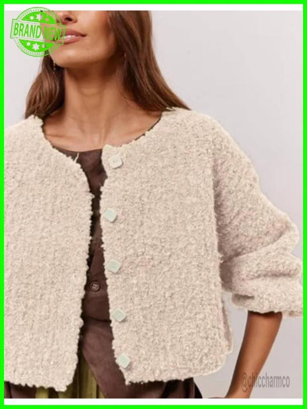 Women Cropped Knit Cardigan Long Sleeve Button Front Open Fluffy Sweater Jacket